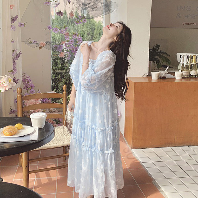 【ワンピース】ライトブルー 七分袖 小花柄 ワンピース レディース 夏 ロマンチック スイート系 フレアシルエット フェアリードレス【SHシリーズ】