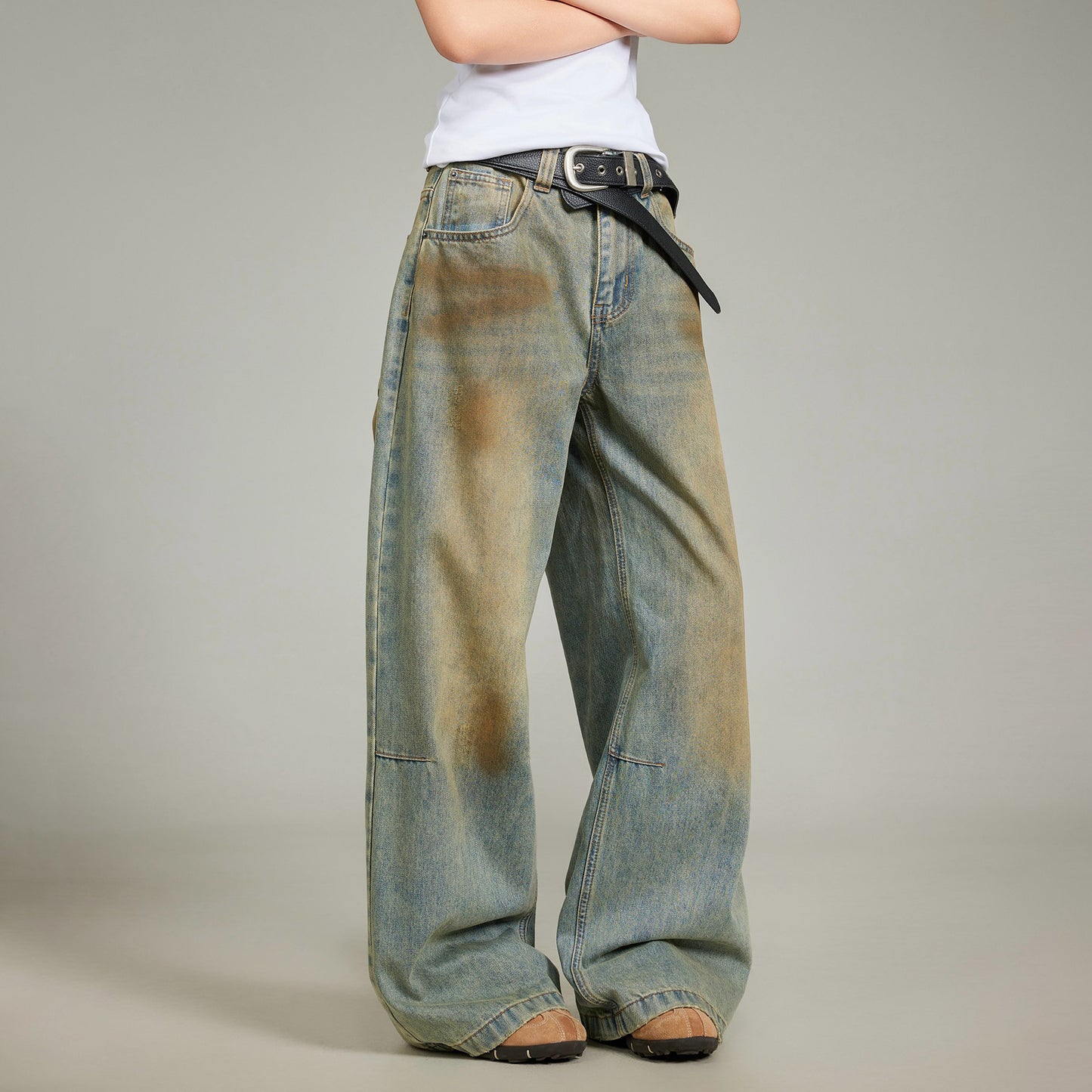 【ボトムス】ウォッシュ加工 ペイントデザイン ストレート デニムパンツ 男女兼用 アメリカンヴィンテージ【FCシリーズ】