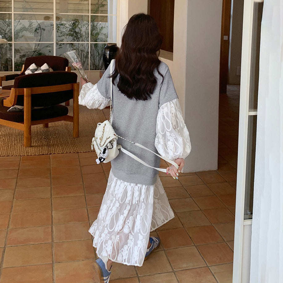 【ワンピース】韓国トレンド レース×スウェット風 長袖ワンピース 春秋 フェイクレイヤード 大人可愛い 優しげ 若見え【JZシリーズ】