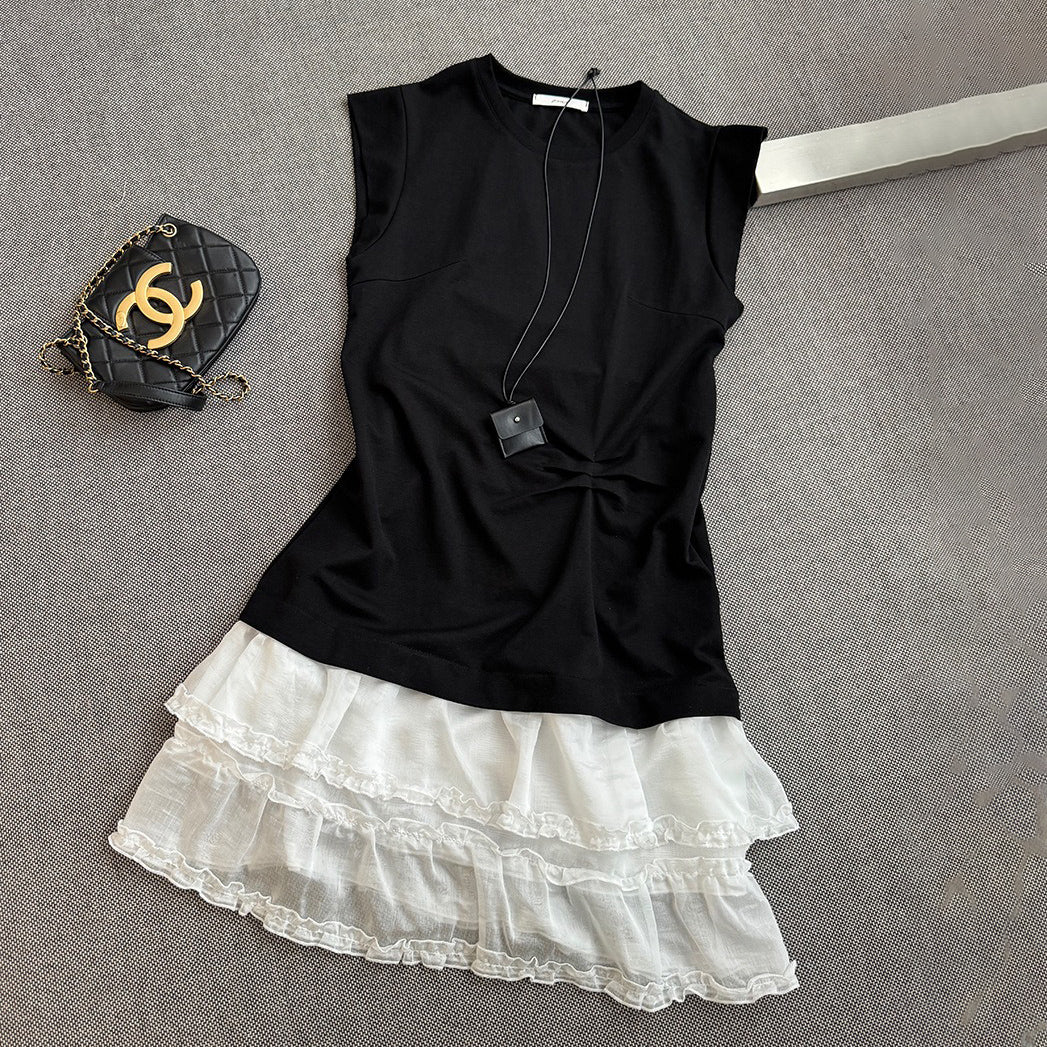 【ワンピース】夏新作 韓国風ウエストマーク切り替え デザイン感 レース ノースリーブワンピース【JZシリーズ】