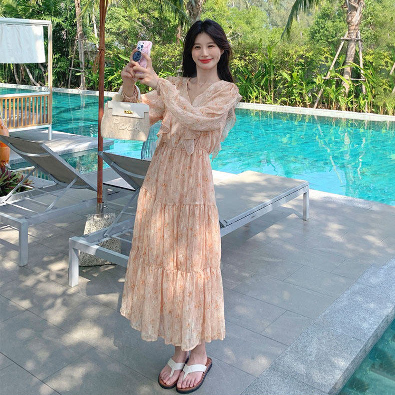 【ワンピース】フレンチ風フリル花柄 長袖ワンピース 細見え フェミニン ロングドレス 爆発ヒット【SHシリーズ】