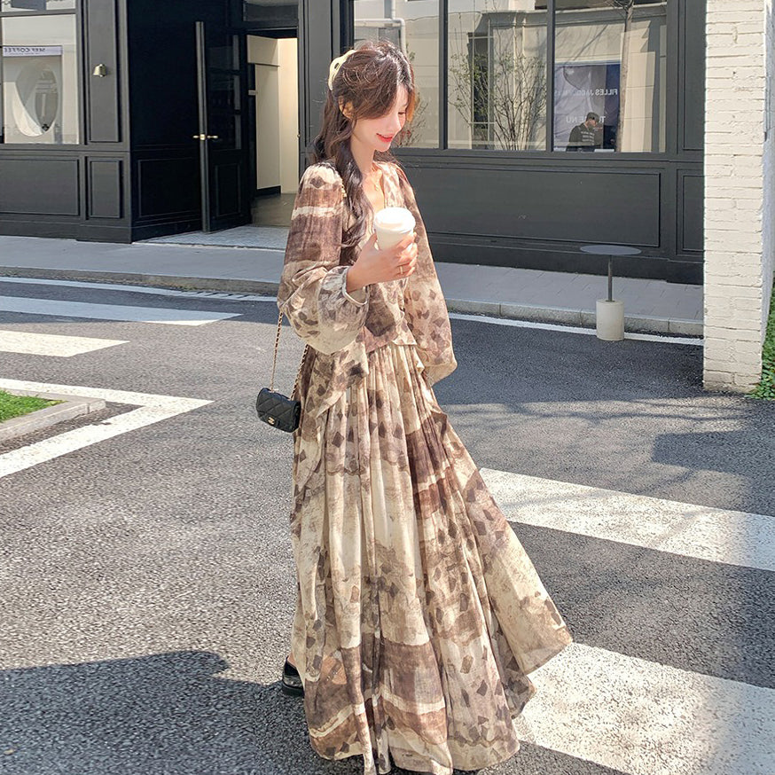 【ワンピース】メラード調 ハイセンス 花柄 長袖ワンピース レディース 春秋 フレンチエレガント 民族調プリント マキシ丈【SHシリーズ】