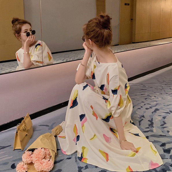 【ワンピース】花柄 長袖ワンピース フレンチ風 ミディ丈 レトロで優しい雰囲気のAラインドレス【SHシリーズ】