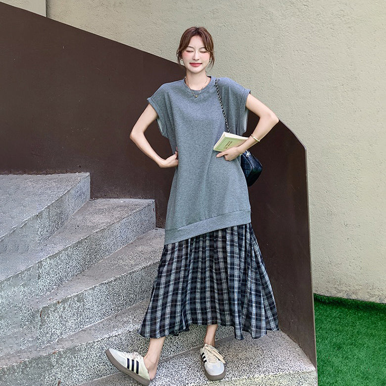 【ワンピース】夏新作 チェック切り替え風 フェイクレイヤード スリム見え 半袖ワンピース【SHシリーズ】