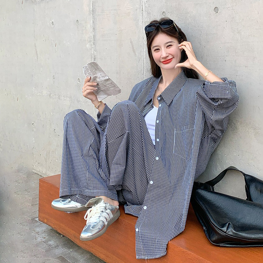 2点セット!【セットアップ】カジュアル ゆったり チェック シャツ+ワイドパンツ 上下セット レディース 春秋 OOTDコーデ Aライン&クール系【SHシリーズ】