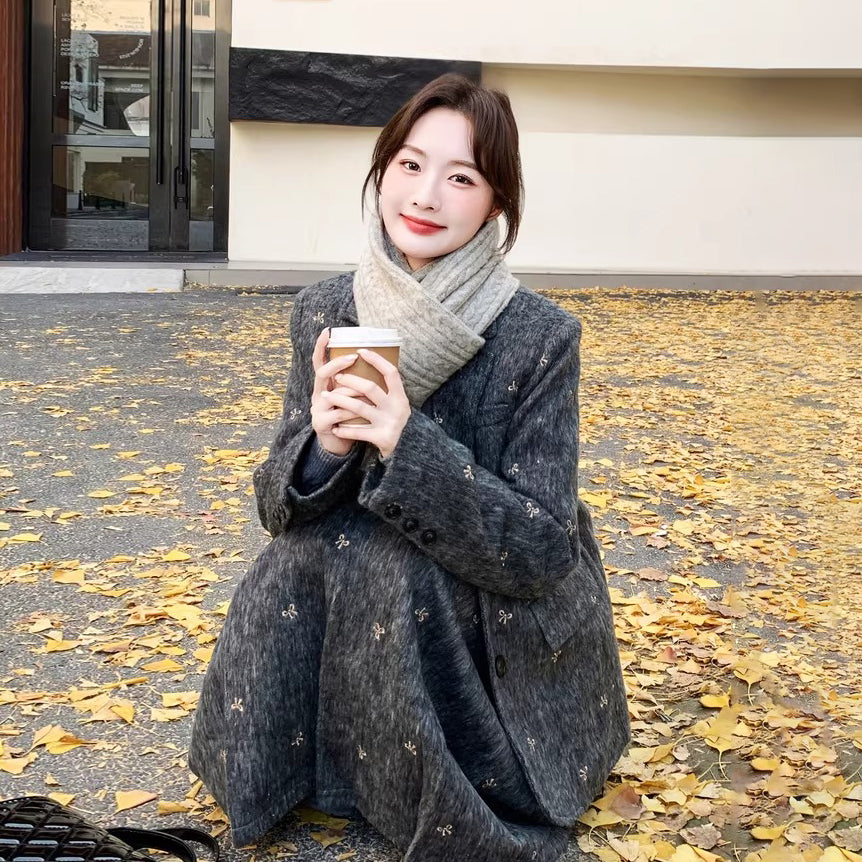 【セットアップ】刺繍入り ウール風 ブレンド ダウンジャケット&スカート 上下セット 秋冬 ダウンコート【SHシリーズ】【10~15日内発送】