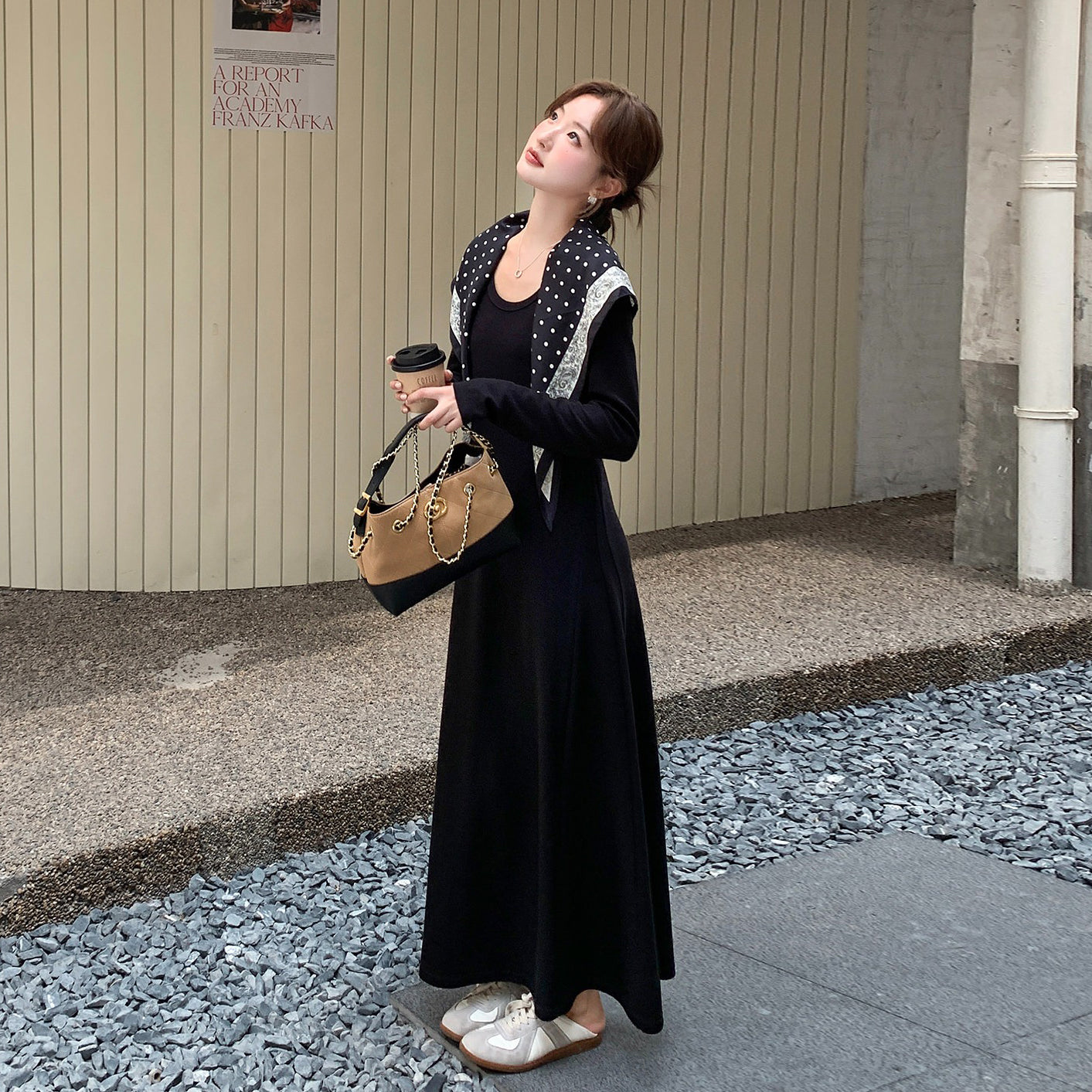 スカーフ付き!【ワンピース】万能インナーワンピ 👗 レディース ゆったり すっきり見え 上品 ブラック 長袖ワンピース 【JZシリーズ】