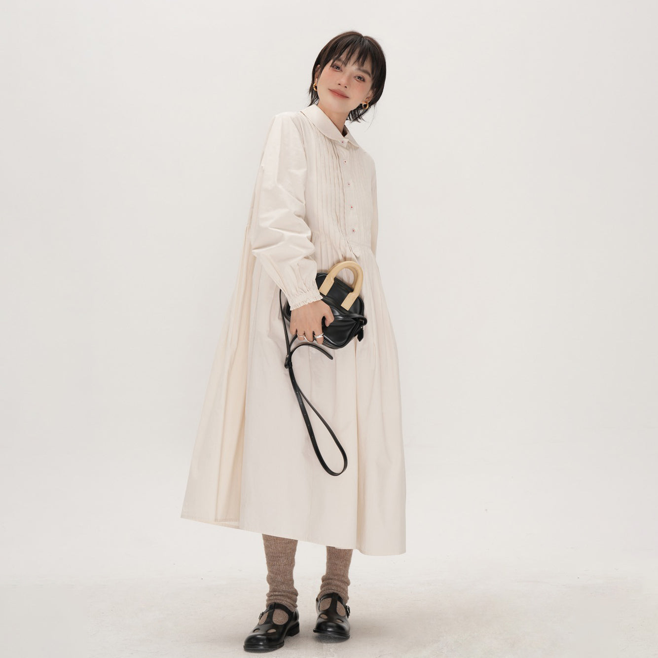 【ワンピース】かわいい 手作り タック プリーツ ハイウエスト ゆったり 日本風 長袖ワンピース【JZシリーズ】