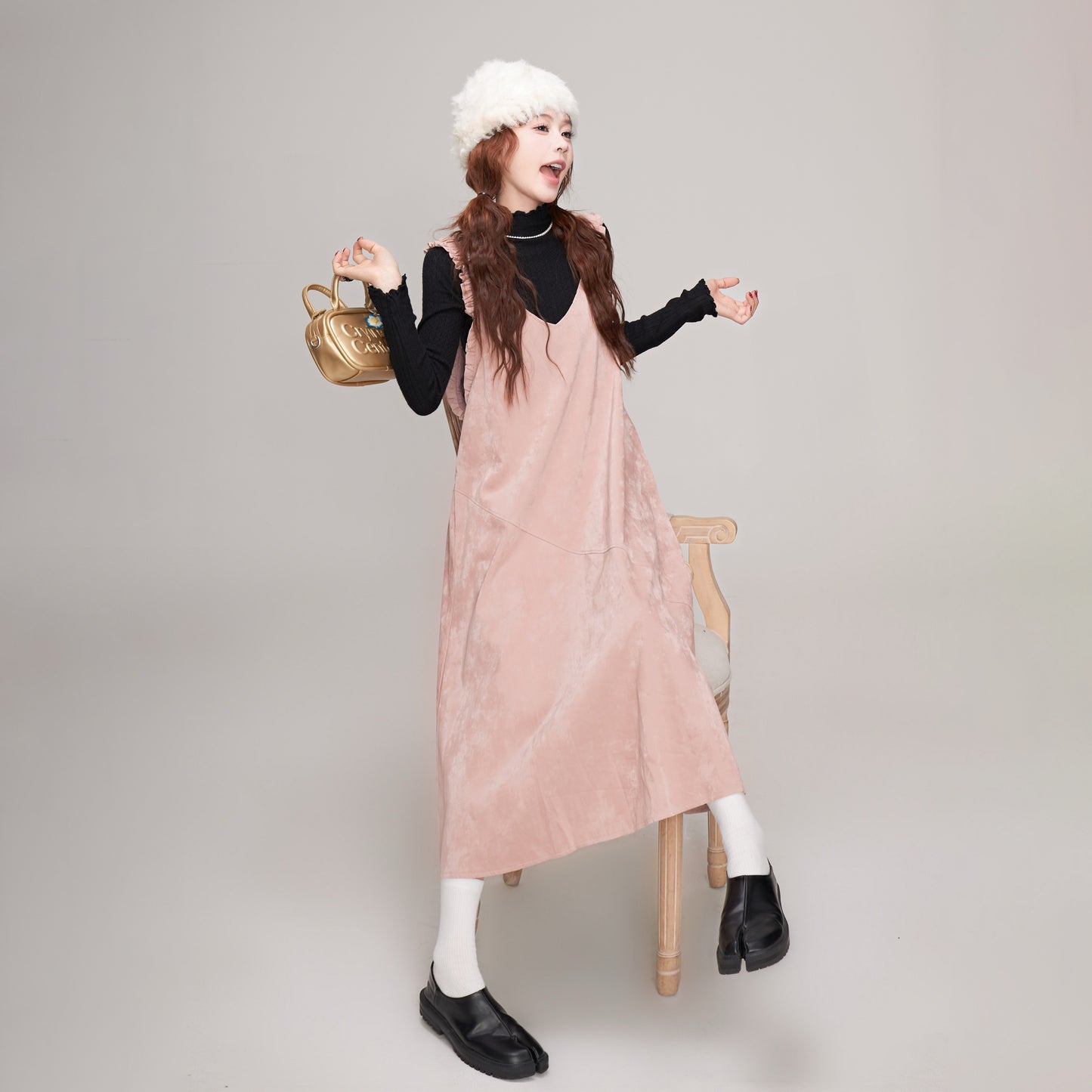 【ワンピース】秋冬 レディース 可愛い Vネックサロペットワンピ ピンク ゆったりノースリーブワンピース【JZシリーズ】