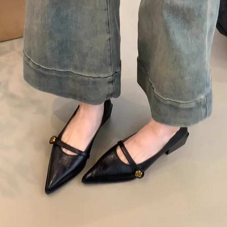 【シューズ】ソフトレザー調レトロハイヒール チャンキーヒール チェーン付きポインテッドトゥパンプス