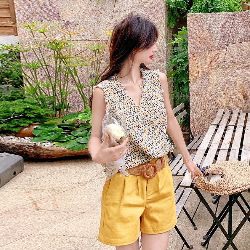 2点セット【セットアップ】ドーパミンコーデ シャネル風 ノースリーブトップス+ショートパンツ 上下セット【SHシリーズ】