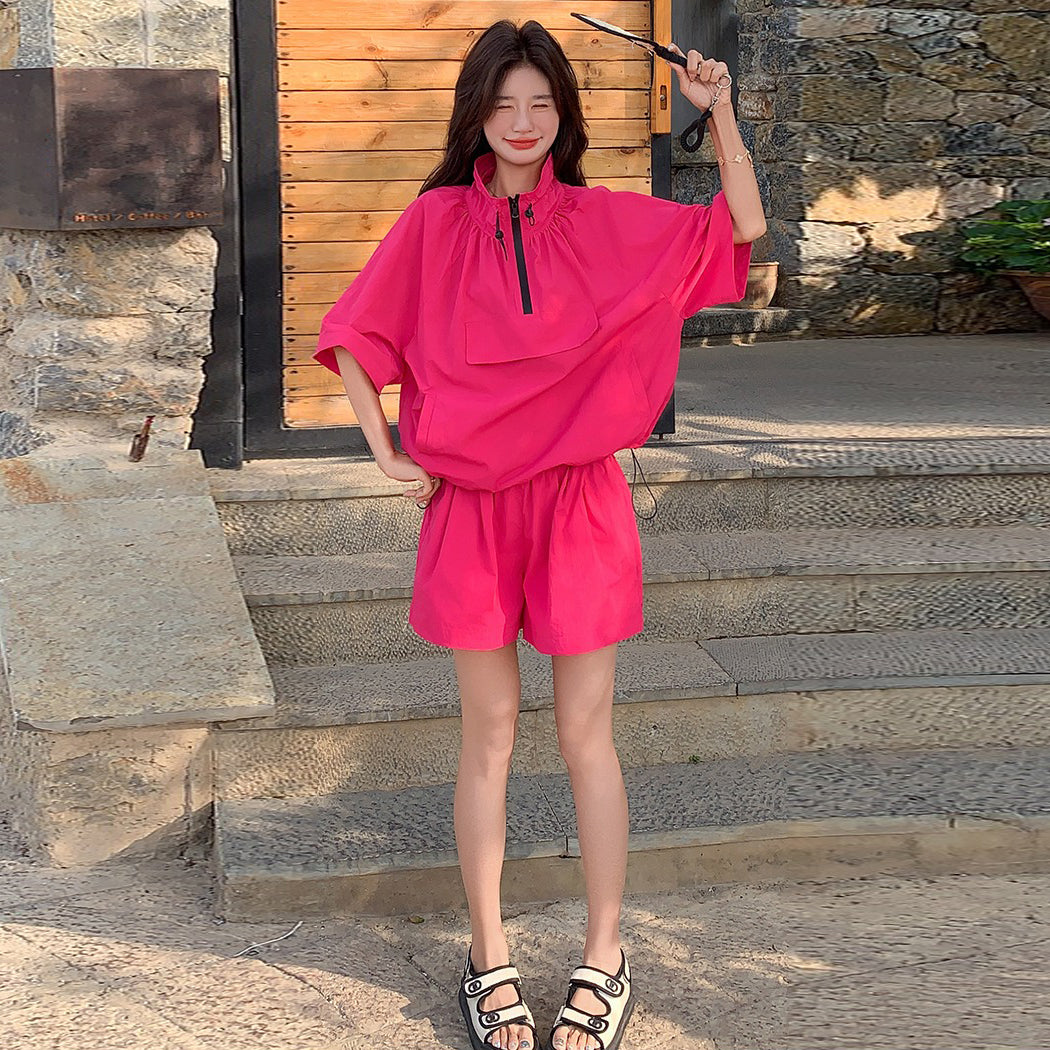 2点セット!【セットアップ】薄手速乾Tシャツ+ショートパンツ 上下セットレディース 夏 韓国風 スポーティーコーデ【JZシリーズ】