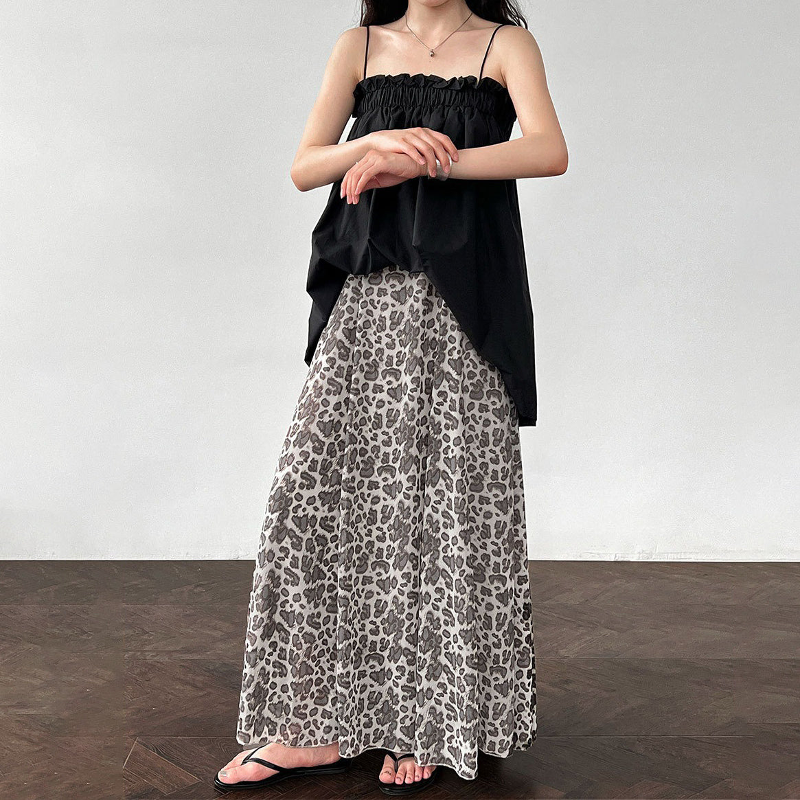 【ボトムス】春夏新作 ハイウエストプリーツスカート レオパード柄 ヒョウ柄 Aライン 着痩せ効果【JZシリーズ】【SHシリーズ】