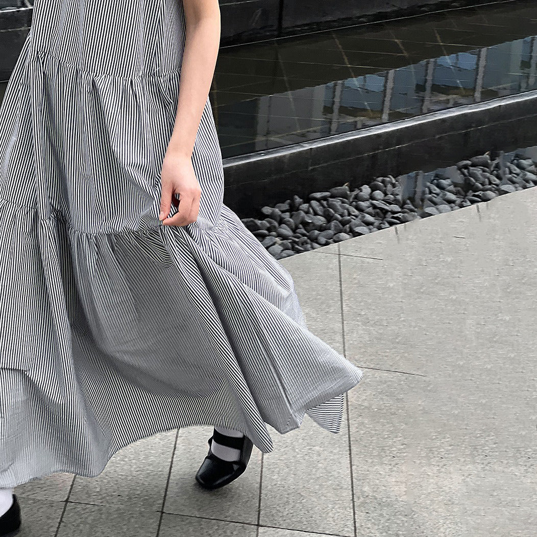 【ワンピース】トロシンプル ストライプ柄 細見え 夏新作 ゆる感 ノースリーブワンピース【JZシリーズ】