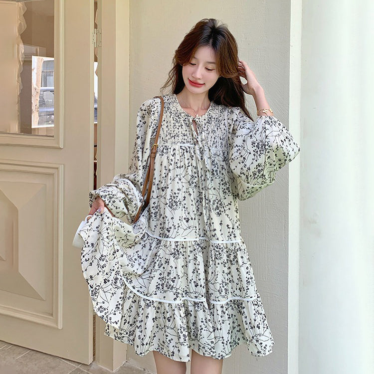 【ワンピース】フレンチ花柄Aラインワンピース レディース 長袖 レトロ フェミニン 秋コーデ【SHシリーズ】