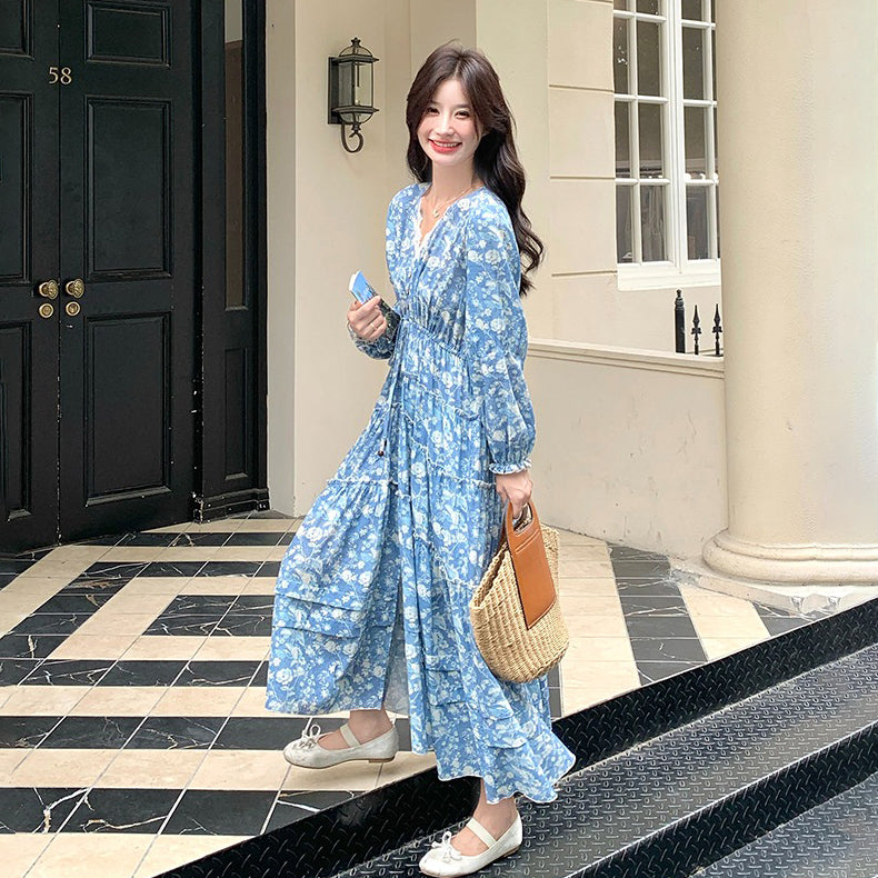 【ワンピース】フレンチエレガント レース Vネック 花柄長袖ワンピース 春秋 優しい雰囲気 超おしゃれ 若見え【SHシリーズ】