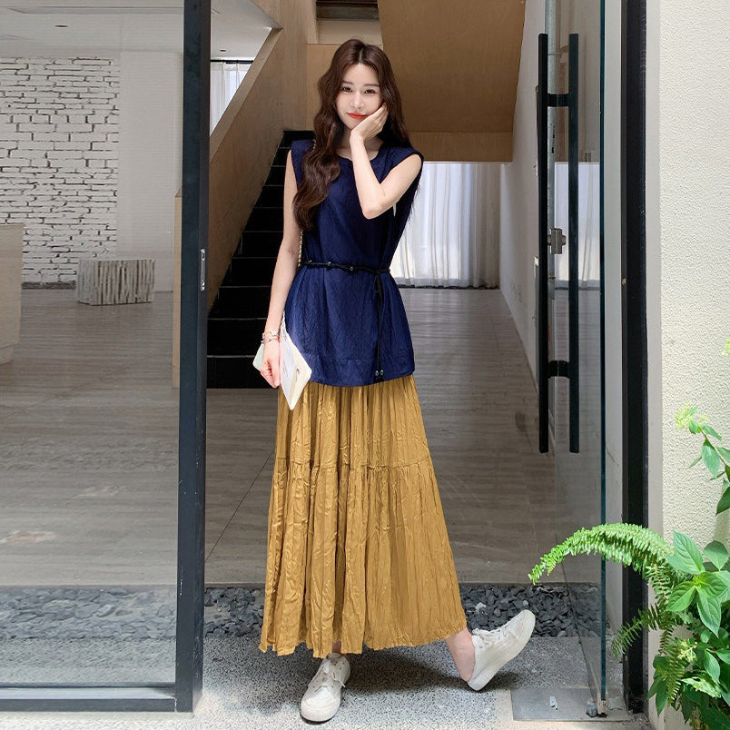 2点セット!【セットアップ】ラウンドネックカジュアルノースリーブブラウス+ハイウエスト細見えAラインスカート上下セット【JZシリーズ】