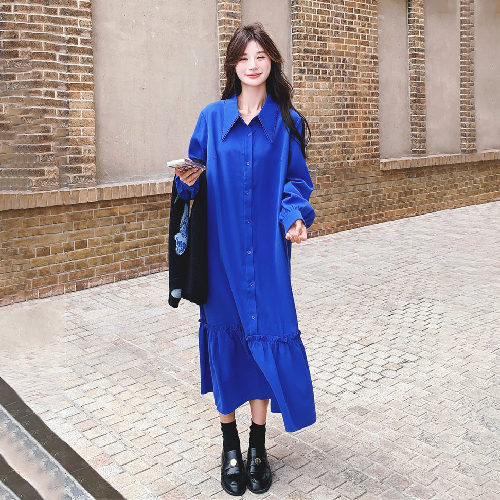 2点セット!【セットアップ】ブルー ジャカードニット+シャツ長袖ワンピース セットアップ レディース OOTDコーデ 若見え【SHシリーズ】