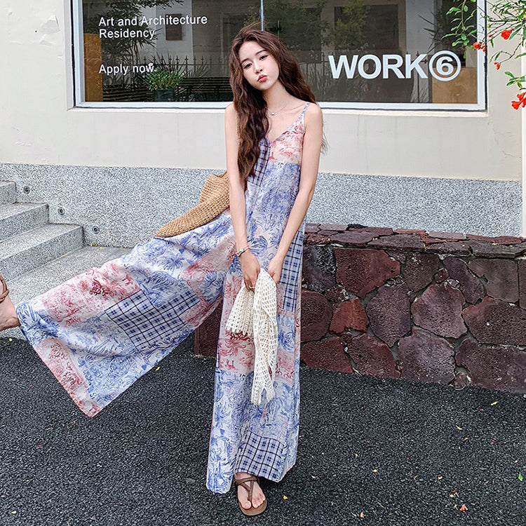 【セットアップ】レトロ花柄 キャミソール+ワイドパンツ カジュアル2点上下セット【SHシリーズ】