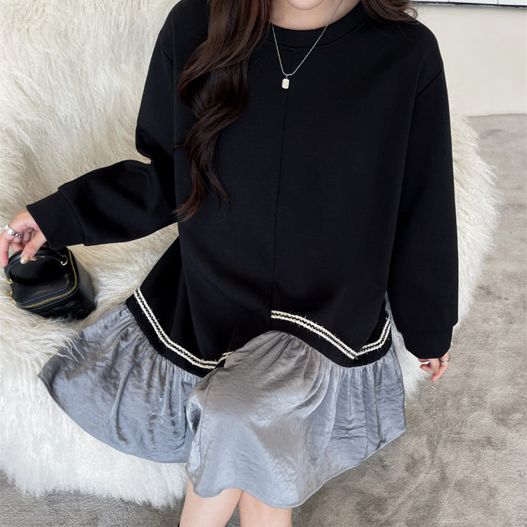 【ワンピース】 春秋冬 スウェット 配色 切り替え ゆったり 着痩せ 長袖ワンピース