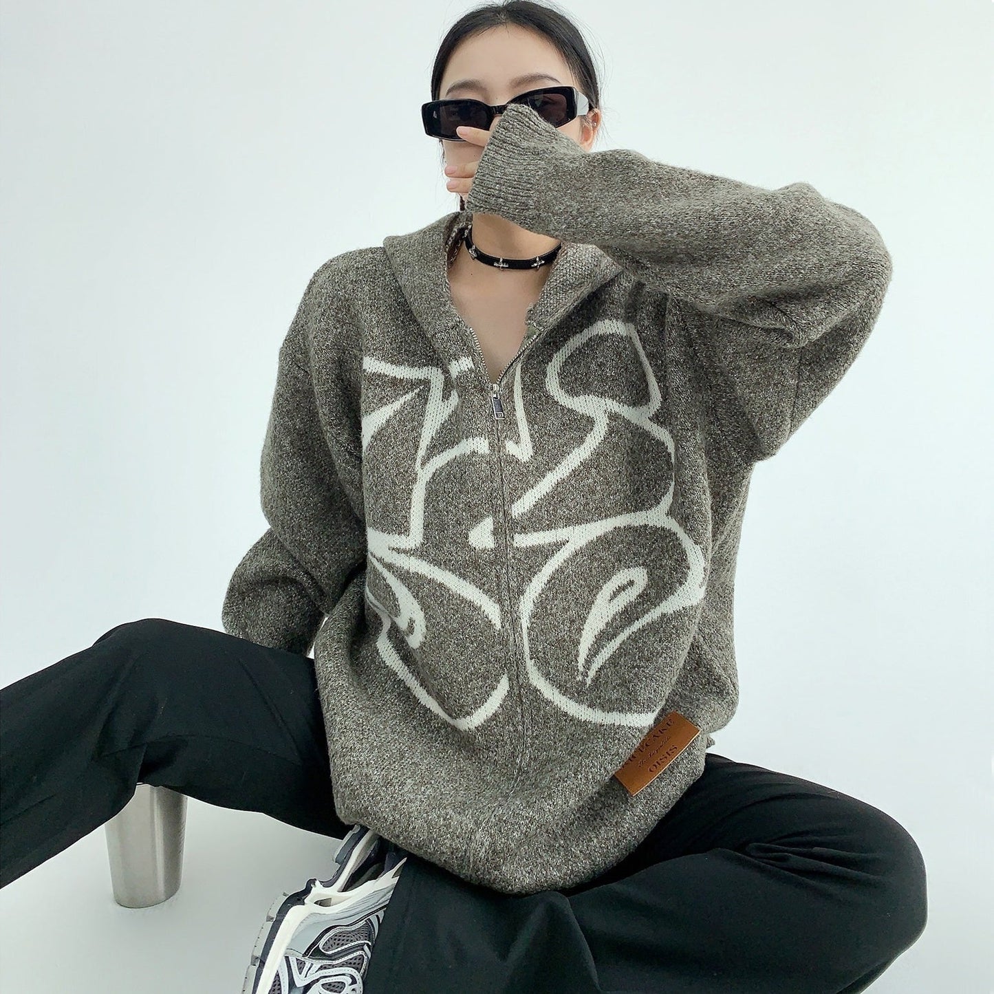 【アウター】厚手 春秋 男女兼用 ゆるリラックス アルファベット フード付き ニットジャケット【FCシリーズ】