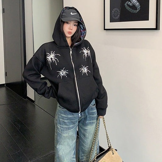 【アウター】刺繍 レトロ スパンコール ショート丈 フード付き ジャケット 【FCシリーズ】