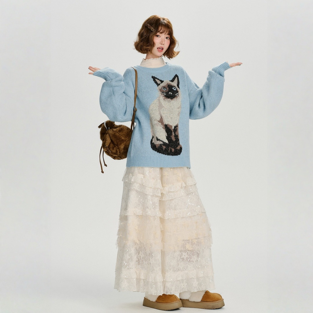 【トップス】ジャガード ラウンドネック 厚手 ゆったり ニット セーター 【FCシリーズ】