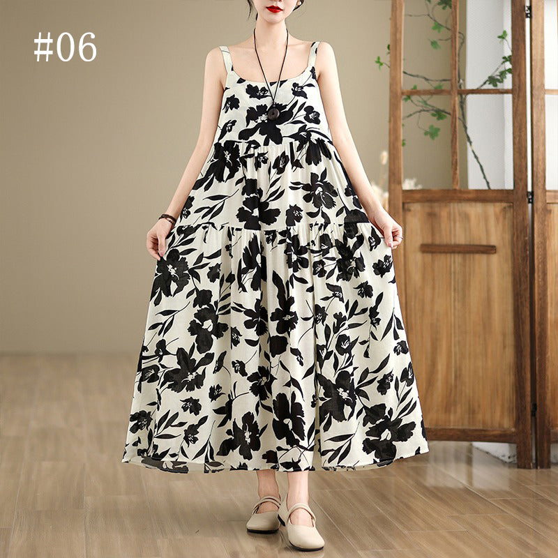 全6柄展開【ワンピース】 綿麻素材 花柄キャミワンピース|ゆったり大きめサイズ&ロング丈 ノースリーブワンピース【SHシリーズ】