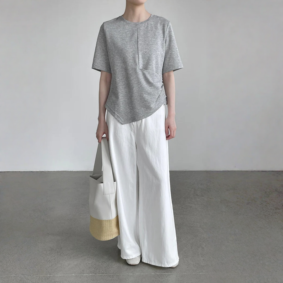 【トップス】ゆったり 細見え ボタン付き ラウンドネック 半袖 Tシャツ 【JZシリーズ】