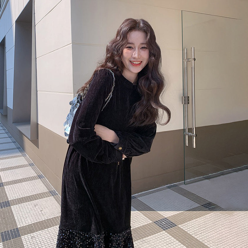 【ワンピース】🌸スタイルアップ♡ ベルベットワンピ 韓国風 長袖ワンピース 着痩せ効果 【JZシリーズ】