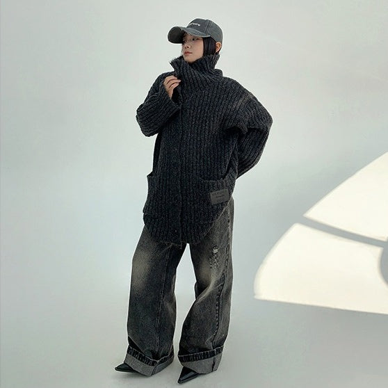 【アウター】春 秋 冬 厚手 スタンドカラー ゆったり ニット ジャケット 【FCシリーズ】