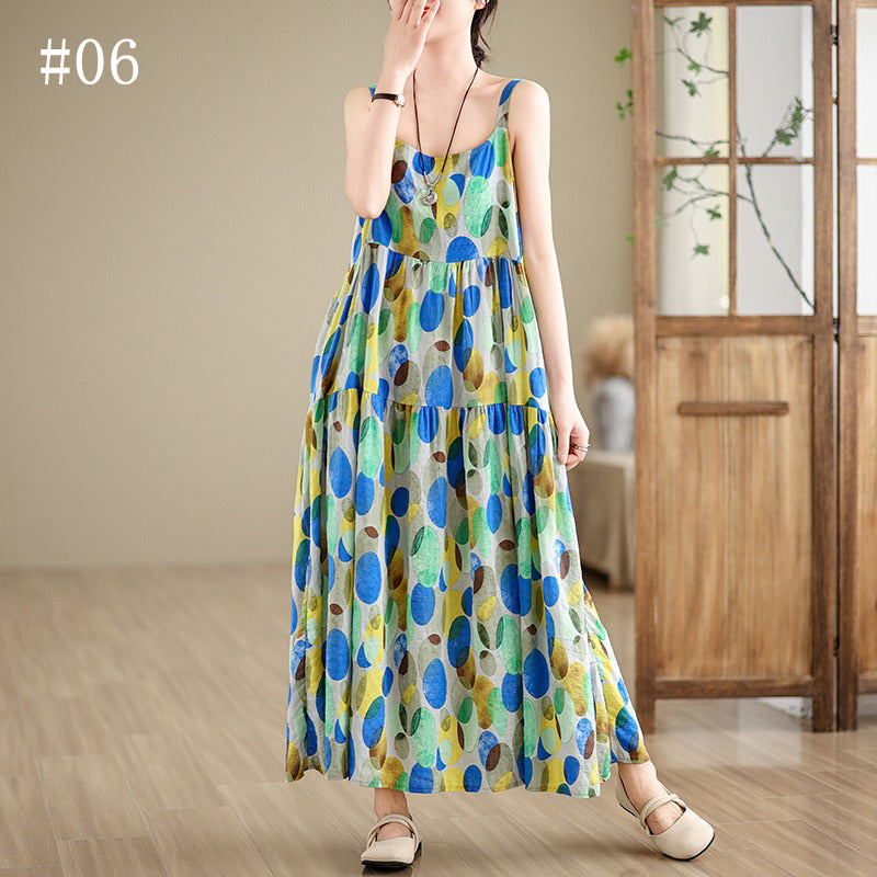 全6柄展開【ワンピース】綿麻素材 花柄キャミロングワンピース|ゆったり大きめサイズ ノースリーブワンピース【SHシリーズ】