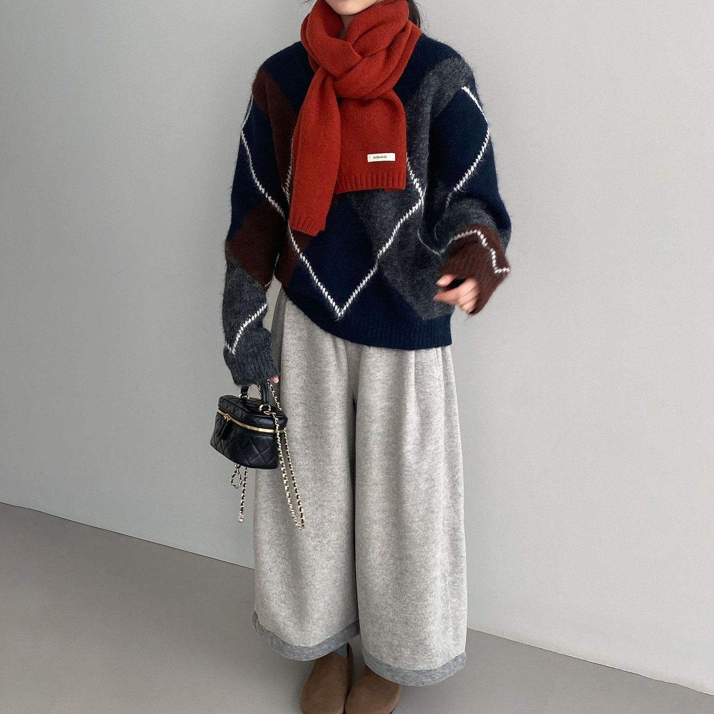 【トップス】レトロ ダイヤ柄 クルーネックニット レディース フラッフィー ゆったり コーディネートしやすいセーター【JZシリーズ】