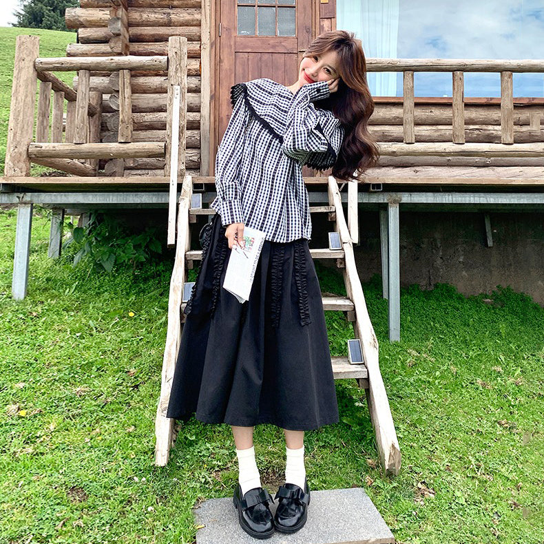 2点セット!【セットアップ】レディース フレンチスタイル 不規則チェック トップス+フリルスカート 上下セット【SHシリーズ】