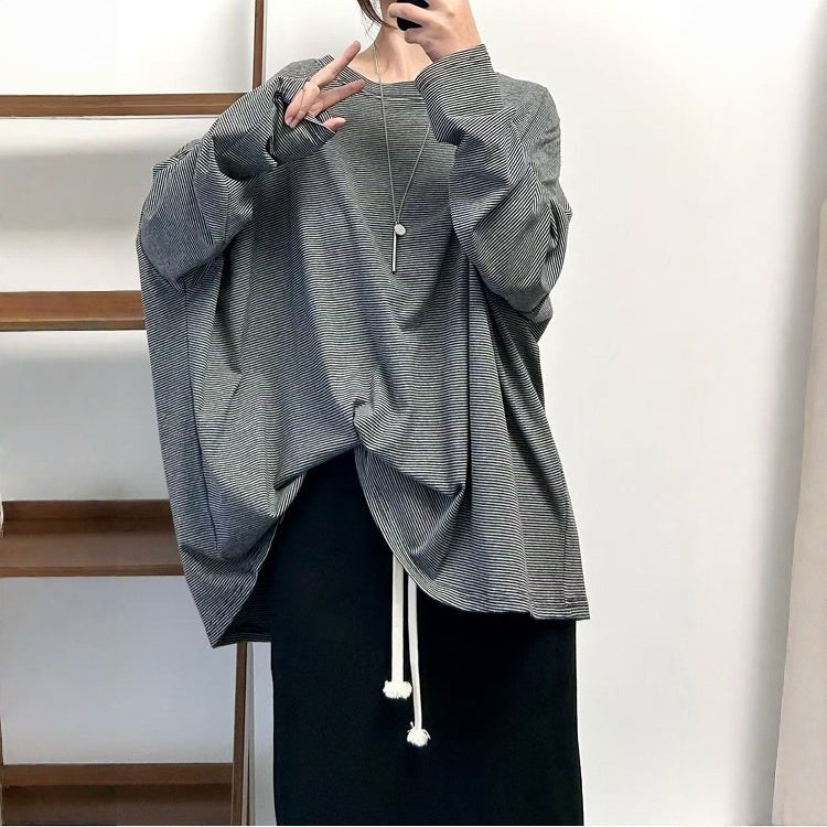 【トップス】クラシック 細ボーダー オーバーサイズ 長袖Tシャツ 【FCシリーズ】