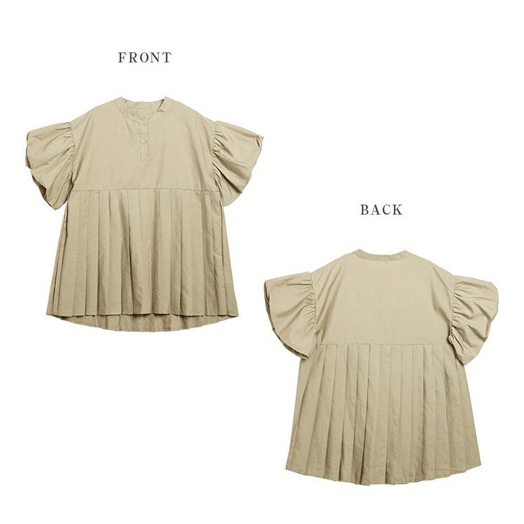 【トップス】 ラウンドネック 夏 プリーツシャツ