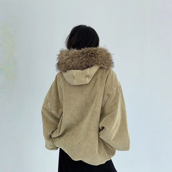 【アウター】春 秋 冬 ウォッシュド コーデュロイ 厚手 フード付き ファーフード 中綿 ジャケット 【FCシリーズ】