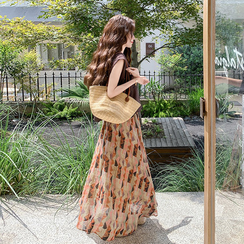 2点セット!【セットアップ】今年のトレンド ノースリーブトップス+プリントスカート上下セット レディース 夏 2点セット 【SHシリーズ】