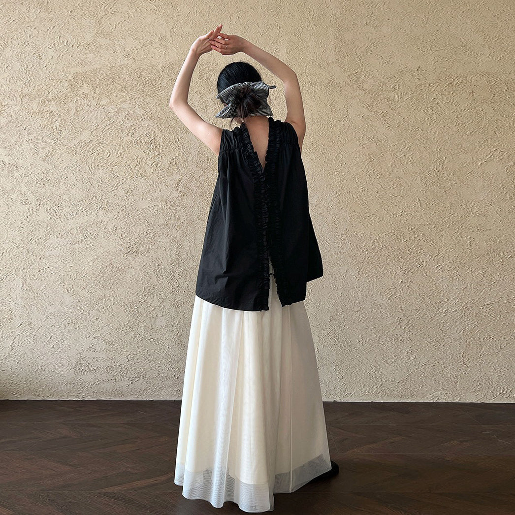 【トップス】前後2WAY フレンチ風 花びらネックフリルデザイン ノースリーブブラウス【JZシリーズ】