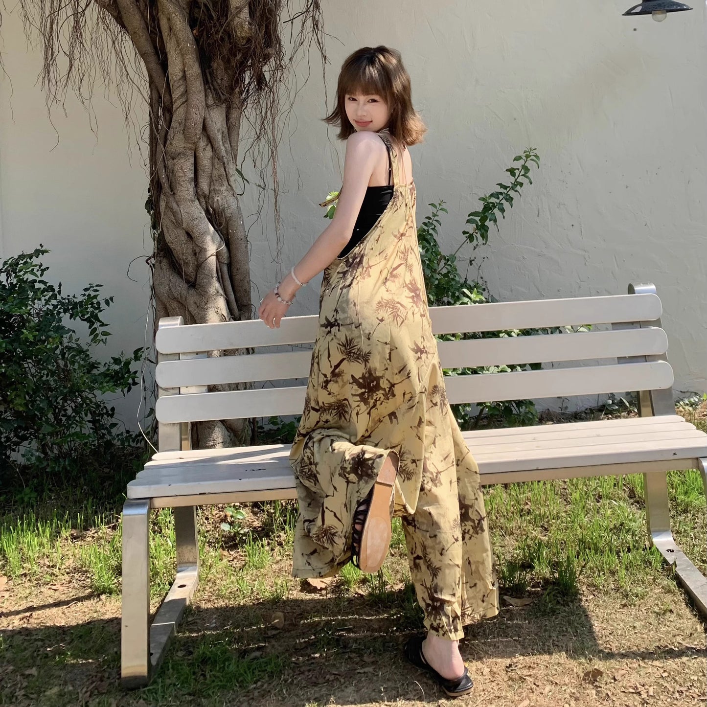 【ボトムス】夏 涼しげで肌映え ゆったりカジュアル 染め柄キャミオールインワン【SHシリーズ】