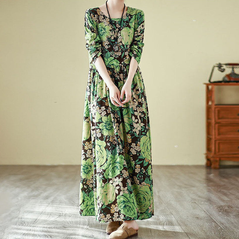 【ワンピース】花柄 気質アップ レディース 長袖ワンピース リゾート風 旅行用 丸首 ヴィンテージ風 レス【SHシリーズ】