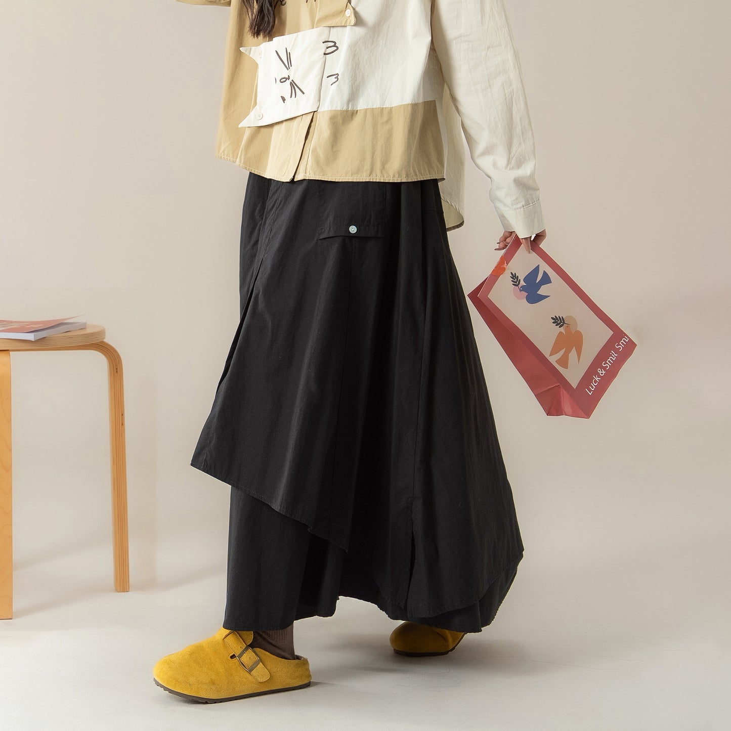 【単品注文】【セットアップ】ねこ刺繍 不規則デザイン 配色切替 長袖 シャツ +スカート 上下セット【JZシリーズ】