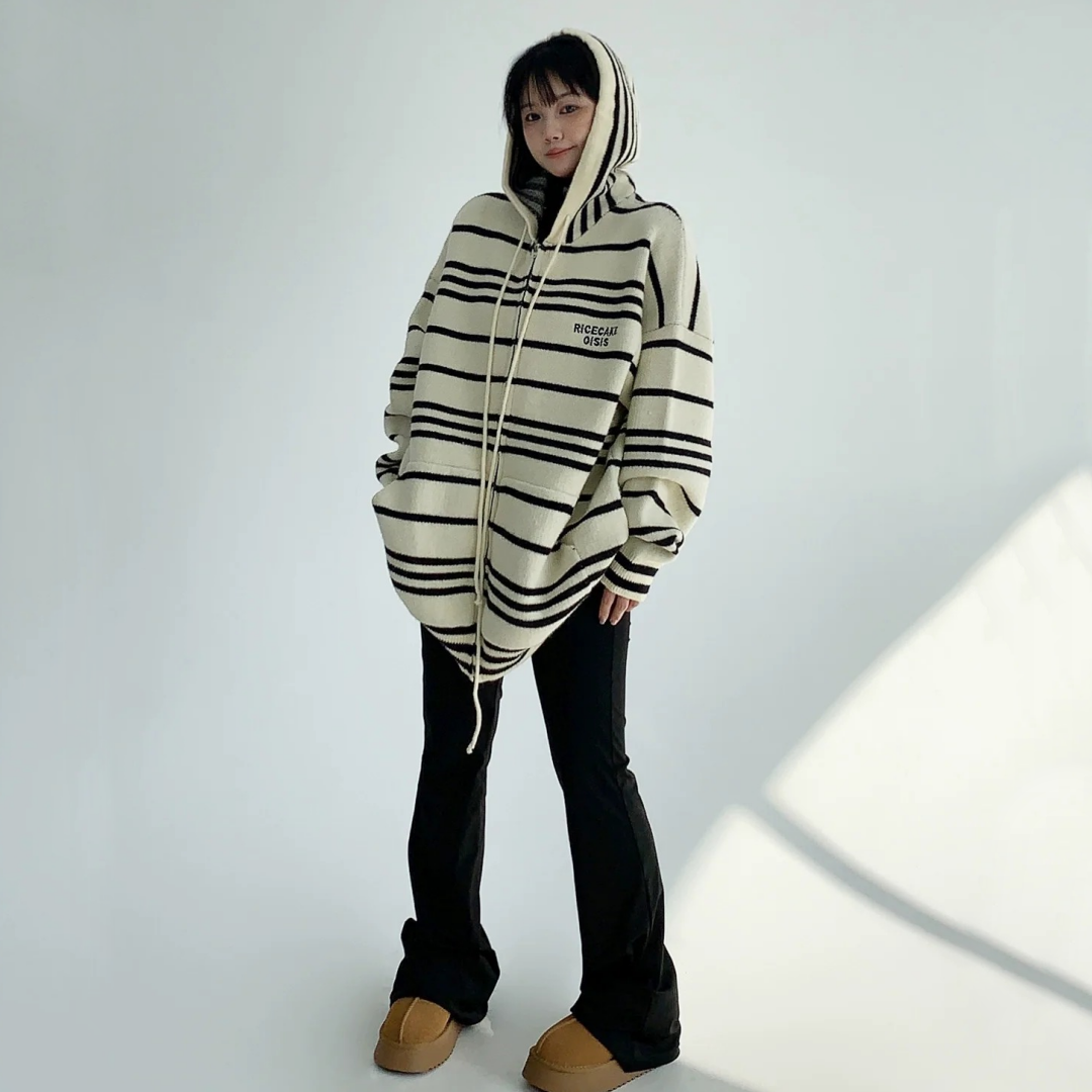 【トップス】秋冬 厚手 ストライプ柄 フード付き ファスナー付き カーディガン ニットパーカー【FCシリーズ】