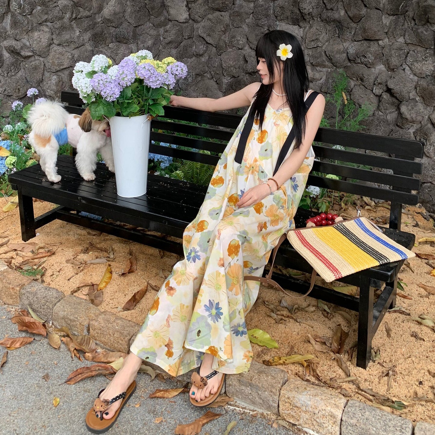 【ボトムス】水彩プリント サロペット レディース 夏 ワイドパンツ ゆったり 体型カバー オールインワン リラックスコーデ 人気【SHシリーズ】