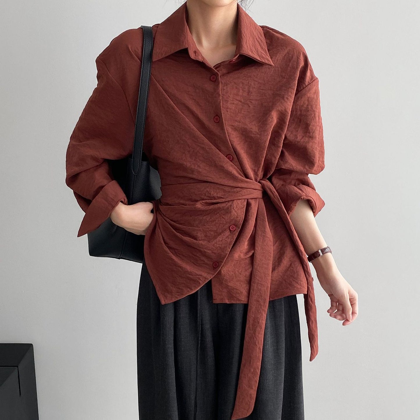 【トップス】ウエストマークで細見え!韓国風デザイン性たっぷりサイドリボンシャツ レディース 通勤エレガント長袖シャツ【JZシリーズ】