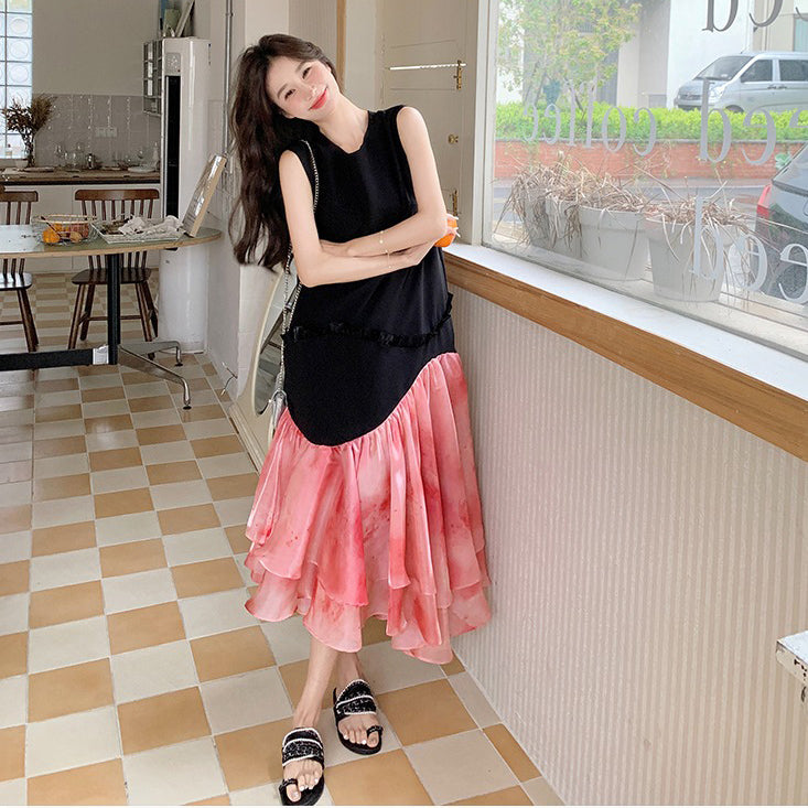 【ワンピース】高見え ノースリーブ花柄切替ワンピース トレンド感ある上品な美シルエット【SHシリーズ】