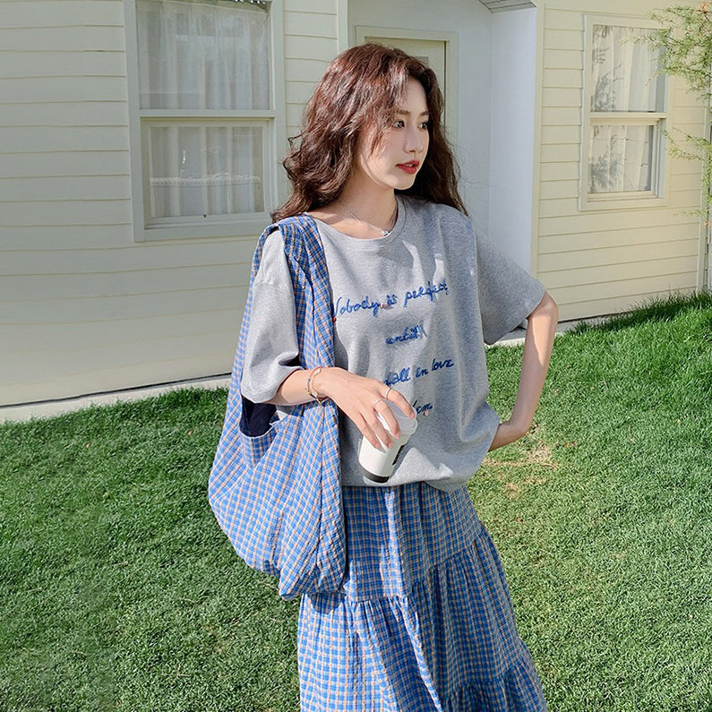 2点セット!【セットアップ】カジュアル Tシャツ× チェック柄スカート 上下セット レディース スリム見え【SHシリーズ】