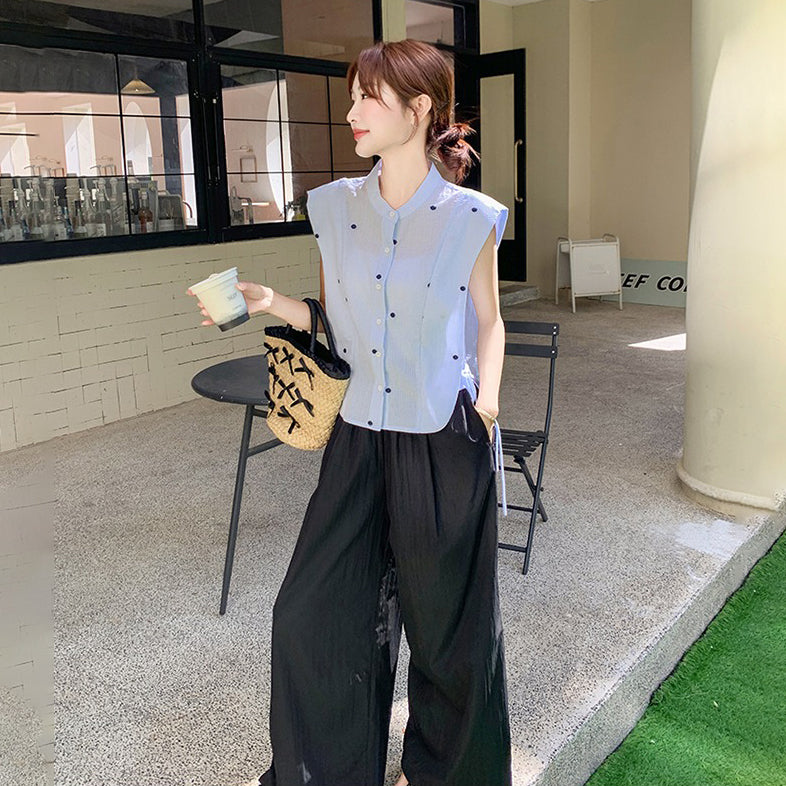 2点セット!【セットアップ】 レトロシャツ×ワイドパンツ 上下セット 夏 上品で大人っぽい【JZシリーズ】