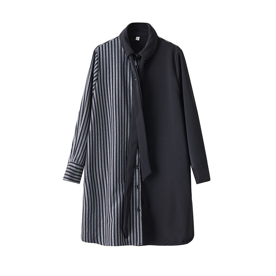 【ワンピース】ダークデザイン 無地×ストライプ 切替 長袖 ワンピース ゆったり【AHシリーズ】