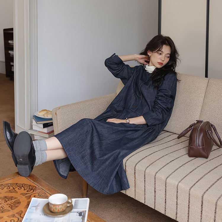 【ワンピース】秋 長袖ワンピース レディース デニム 丸首 ゆったり ミディ丈 森ガール風 文芸 ナチュラル コーデ【JZシリーズ】